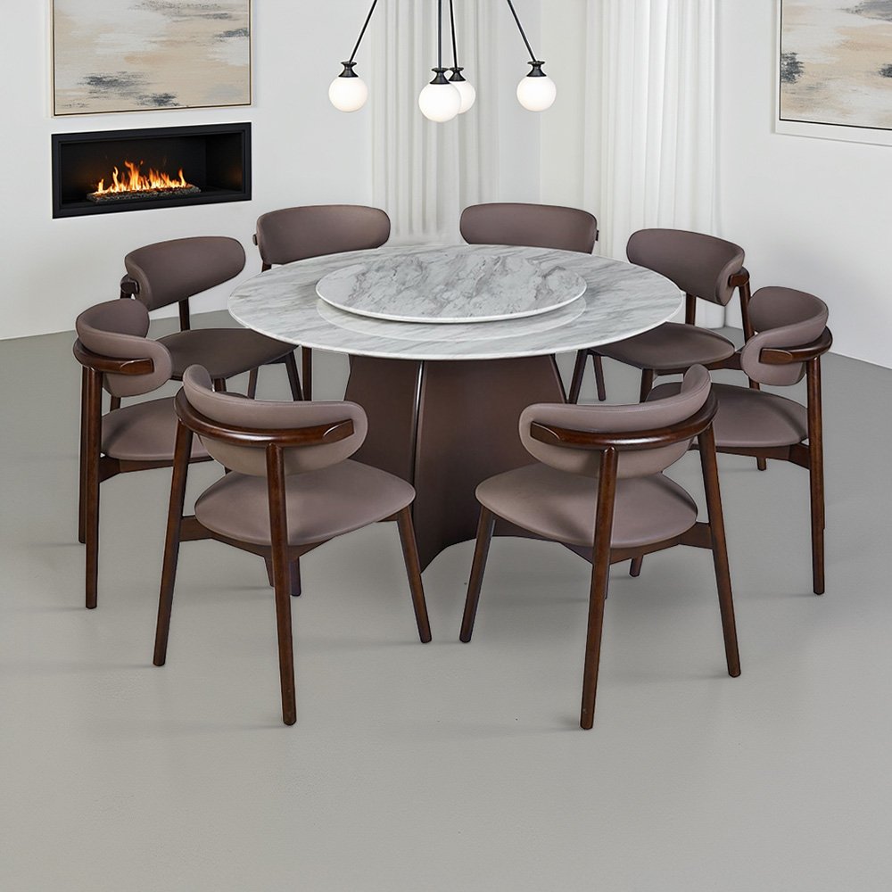 طاولة طعام فاخرة سطح رخامي دوار 8 كراسي بني