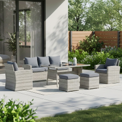 جلسة خارجية 7 مقاعد راتان وطاولة بسطح زجاجي