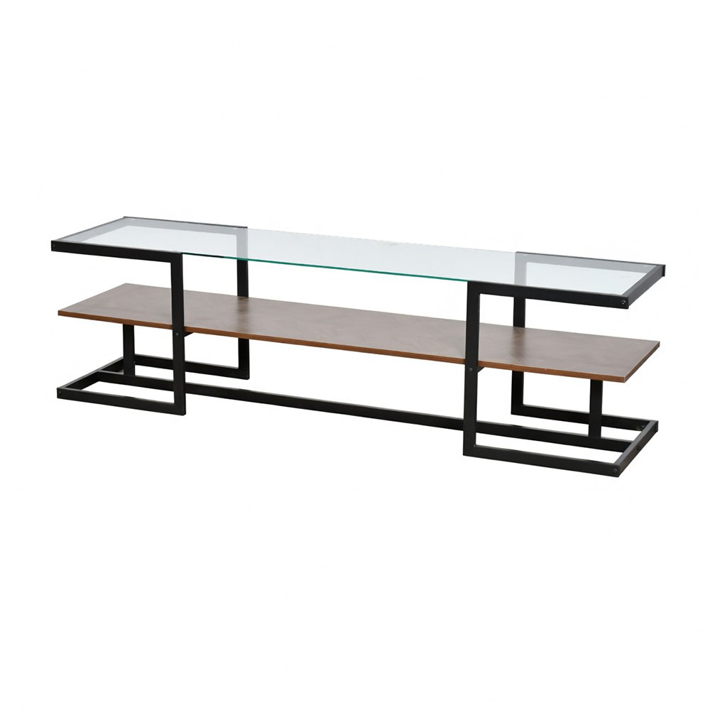 وحدة تلفاز مودرن سطح زجاجي ورف خشبي بني 160 سم