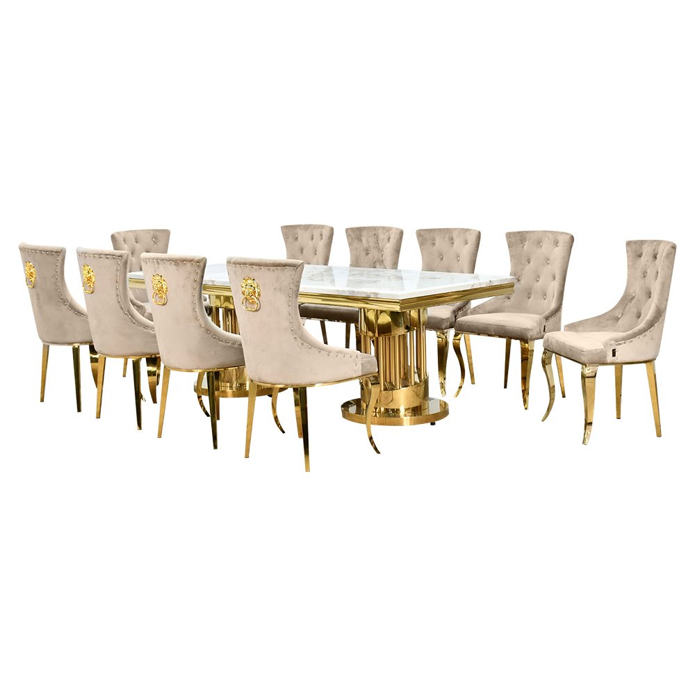 طاولة طعام رخام فاخرة 10 كراسي بقاعدة معدنية ذهبية