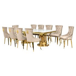 طاولة طعام رخام فاخرة 10 كراسي بقاعدة معدنية ذهبية