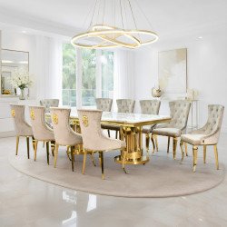طاولة طعام رخام فاخرة 10 كراسي بقاعدة معدنية ذهبية