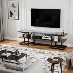 وحدة تلفاز مودرن سطح زجاجي ورف خشبي بني 160 سم