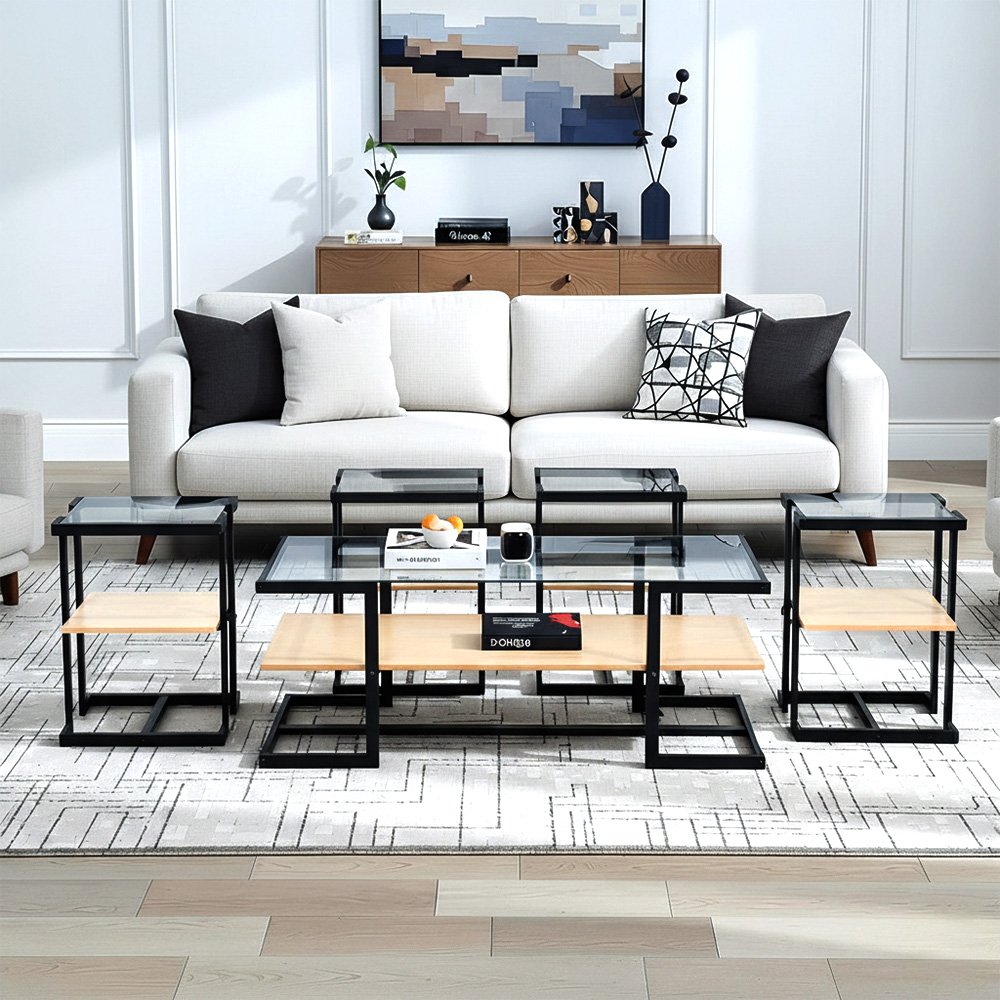 طاولات خدمة 5 قطع 2 دور سطح زجاجي بيج