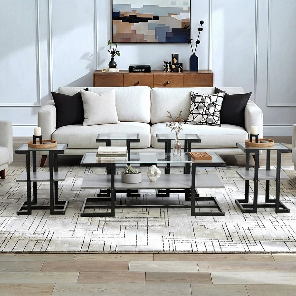 طاولات خدمة 5 قطع 2 دور سطح زجاجي رمادي طاولات خدمة 5 قطع 2 دور سطح زجاجي رمادي