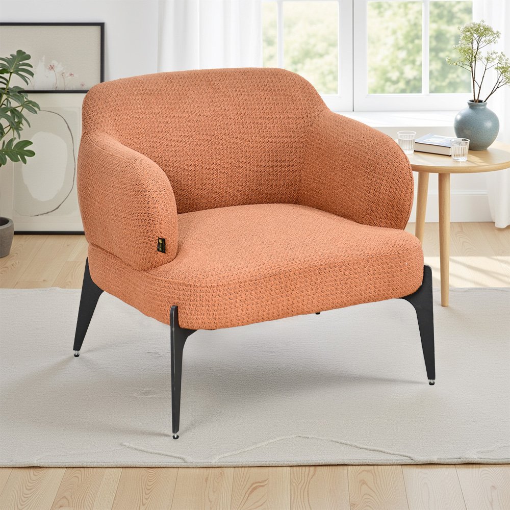 كرسي مفرد فخم قماش بوكليه مودرن بأرجل معدنية برتقالي كرسي مفرد فخم قماش بوكليه مودرن بأرجل معدنية برتقالي
