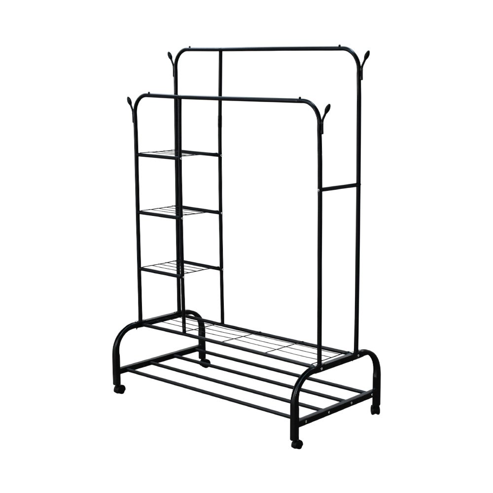 علاقة ملابس معدنية مودرن بأرفف تخزين أسود 110 سم علاقة ملابس معدنية مودرن بأرفف تخزين أسود 110 سم