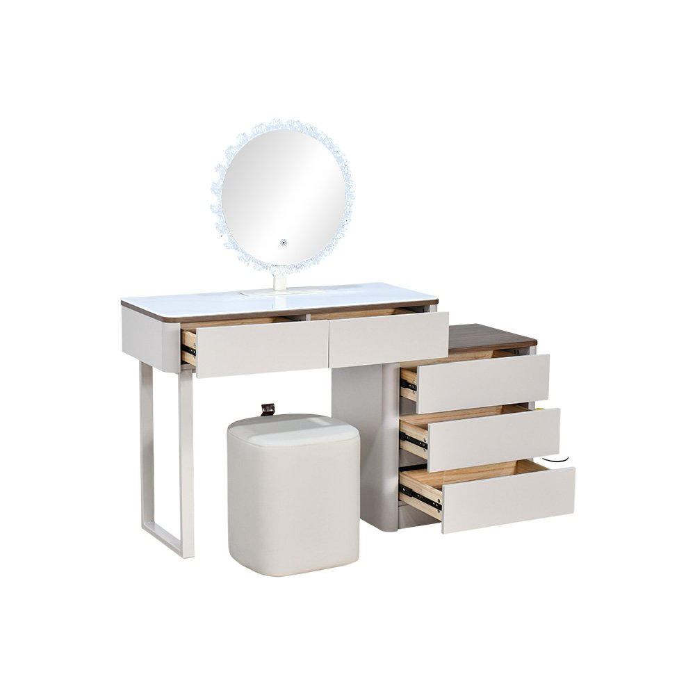 طاولة زينة بخزانة سطح زجاجي مع مرآة مضيئة ومقعد طاولة زينة بخزانة سطح زجاجي مع مرآة مضيئة ومقعد