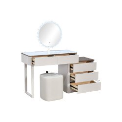 طاولة زينة بخزانة سطح زجاجي مع مرآة مضيئة ومقعد طاولة زينة بخزانة سطح زجاجي مع مرآة مضيئة ومقعد