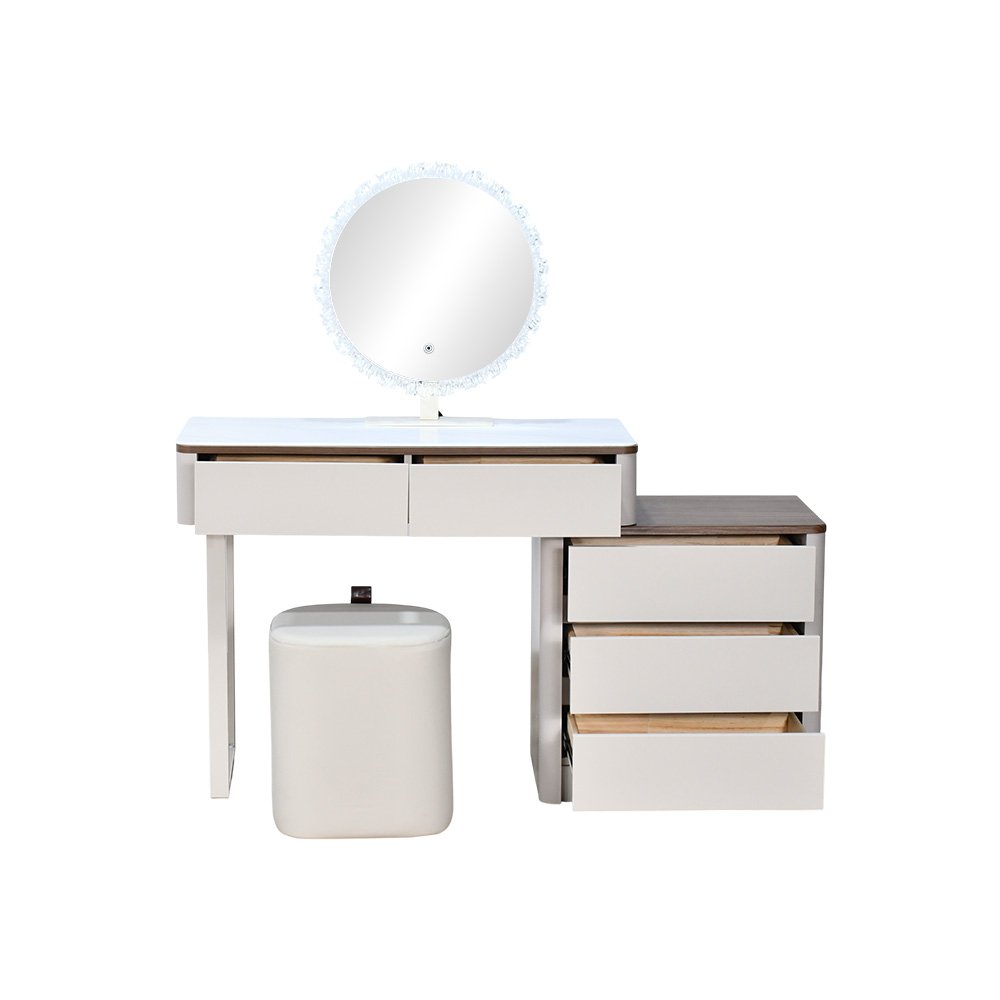 طاولة زينة بخزانة سطح زجاجي مع مرآة مضيئة ومقعد طاولة زينة بخزانة سطح زجاجي مع مرآة مضيئة ومقعد