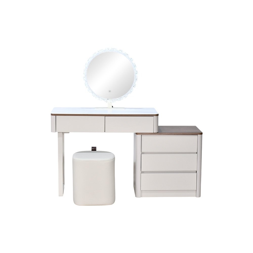 طاولة زينة بخزانة سطح زجاجي مع مرآة مضيئة ومقعد طاولة زينة بخزانة سطح زجاجي مع مرآة مضيئة ومقعد