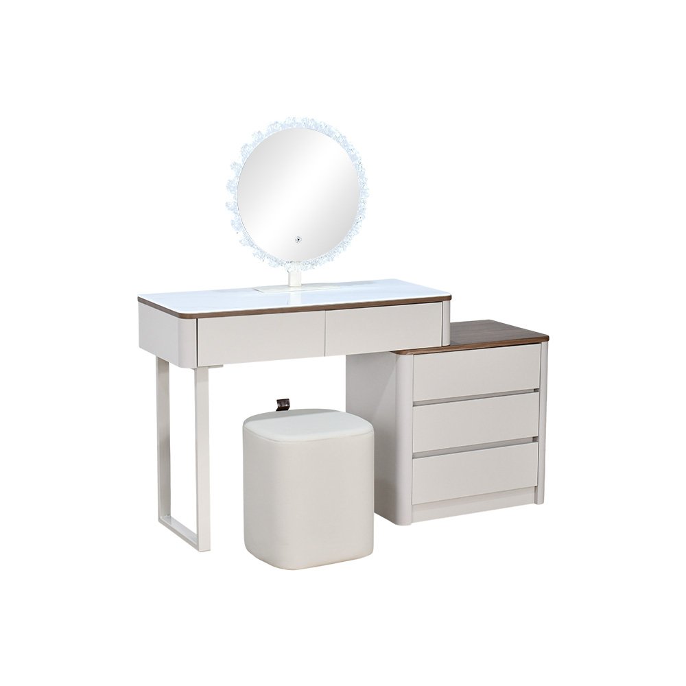 طاولة زينة بخزانة سطح زجاجي مع مرآة مضيئة ومقعد طاولة زينة بخزانة سطح زجاجي مع مرآة مضيئة ومقعد