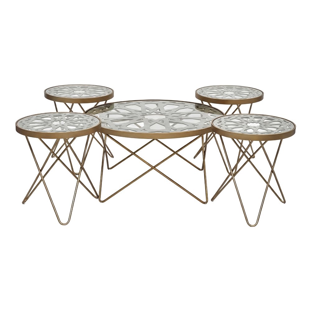 طقم طاولات خدمة 5 قطع سطح زجاج بهيكل معدني طقم طاولات خدمة 5 قطع سطح زجاج بهيكل معدني