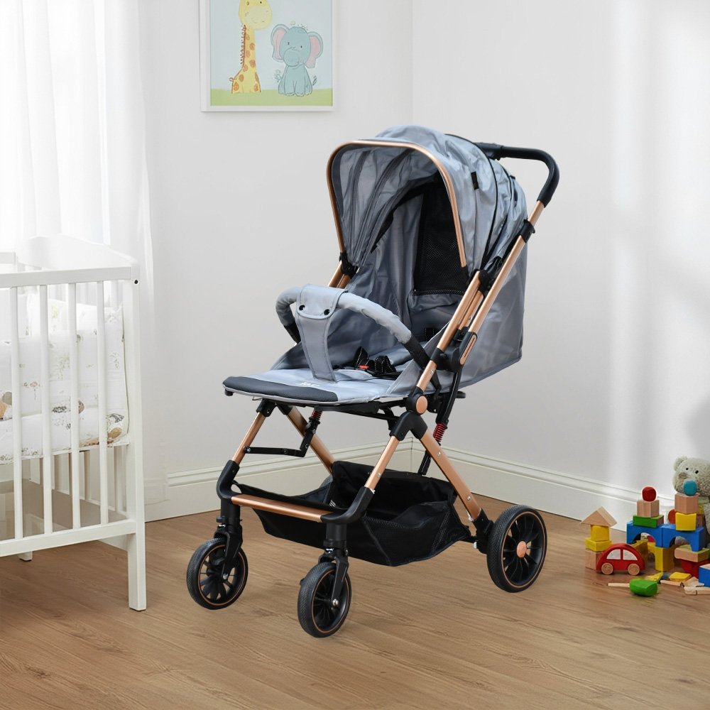 عربة أطفال قابلة للطي قماش بهيكل معدني رمادي