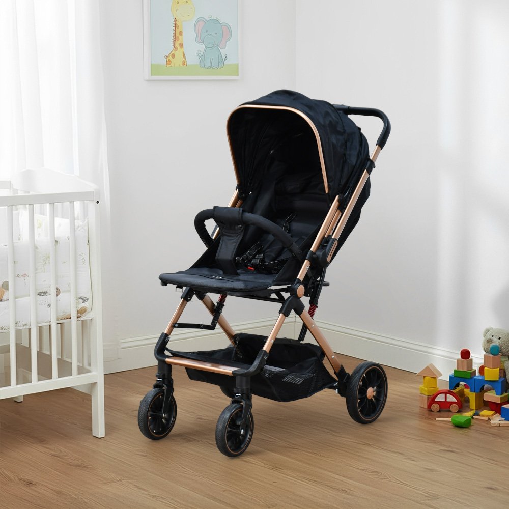 عربة أطفال قابلة للطي قماش بهيكل معدني أسود