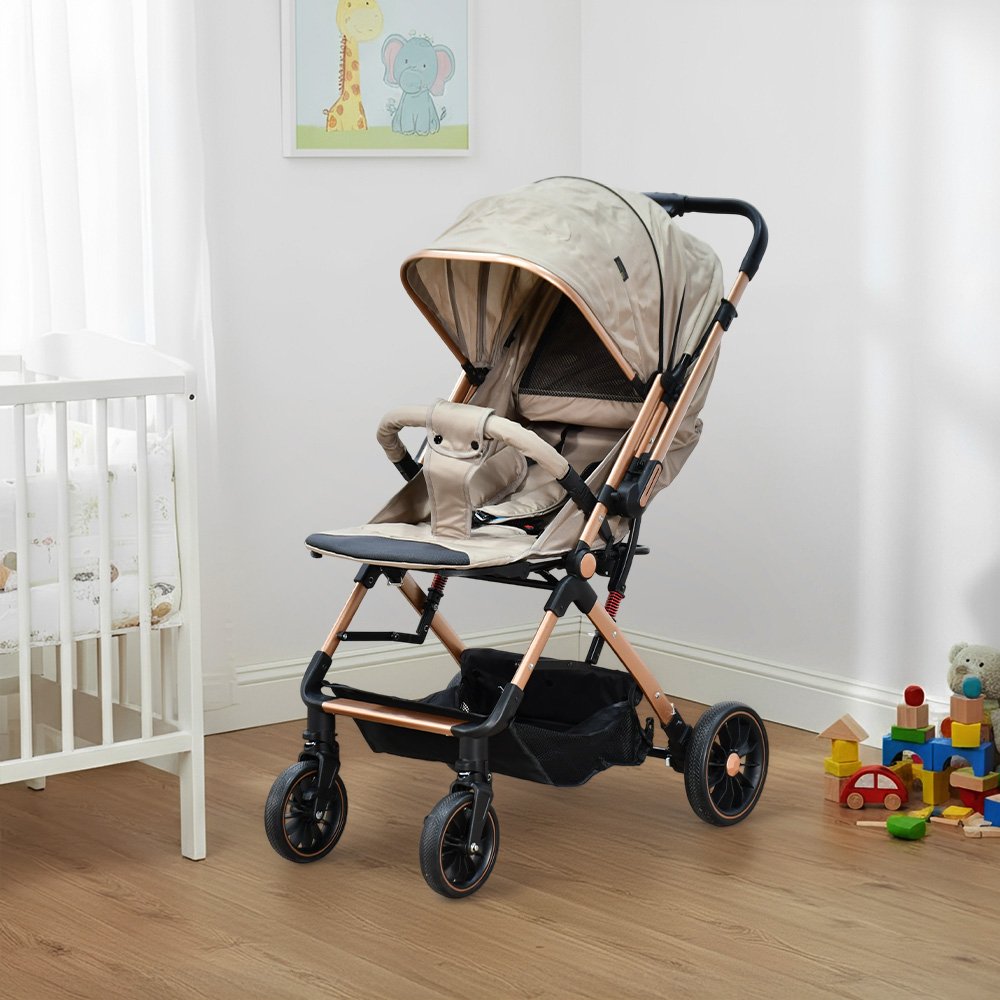 عربة أطفال قابلة للطي قماش بهيكل معدني كافيه