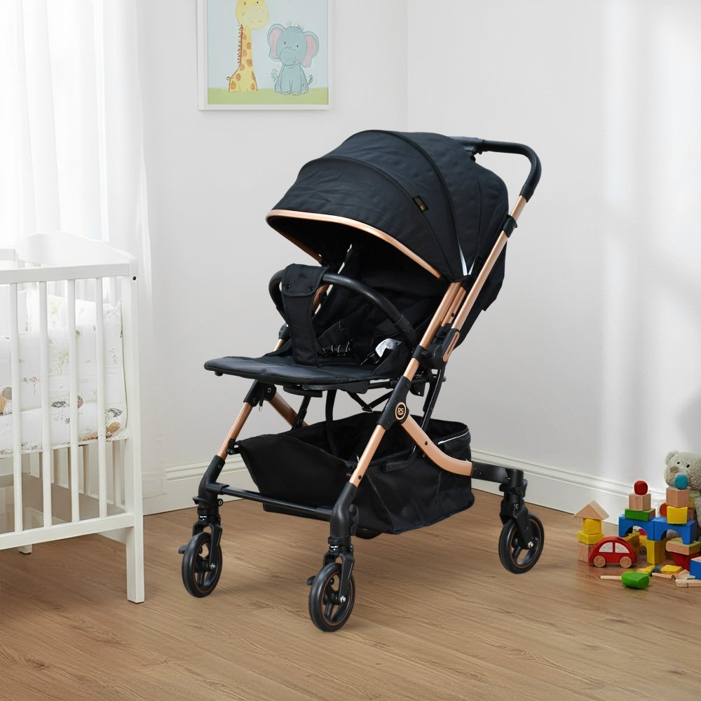 عربة أطفال قابلة للطي قماش بهيكل معدني أسود