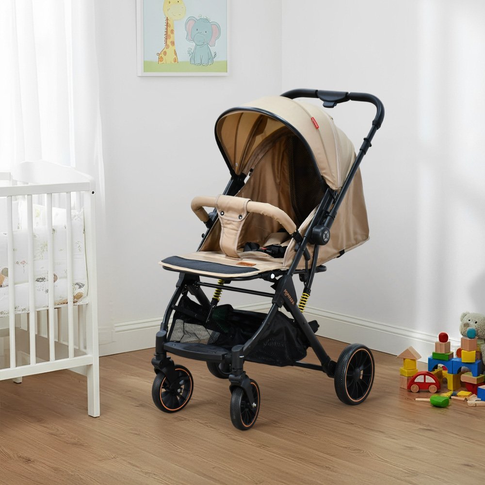 عربة أطفال قابلة للطي قماش بهيكل معدني كافيه