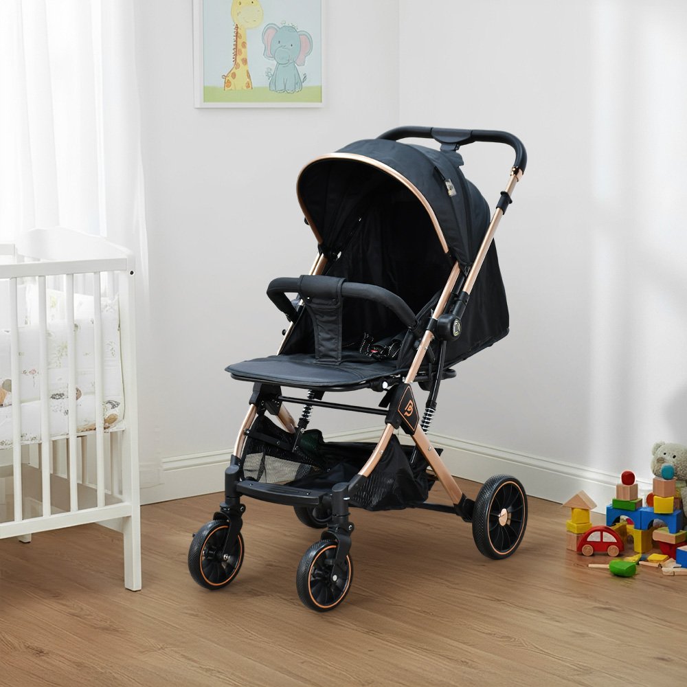 عربة أطفال قابلة للطي قماش بهيكل معدني أسود