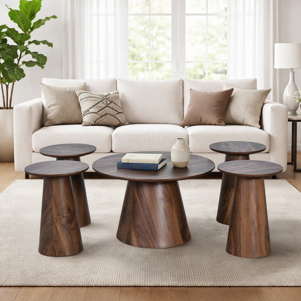 طقم طاولات خدمة 5 قطع خشبي بني