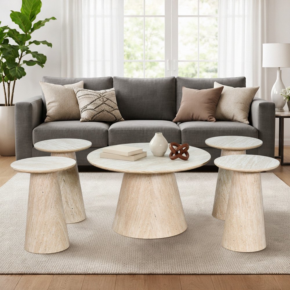 طقم طاولات خدمة 5 قطع خشبي بيج