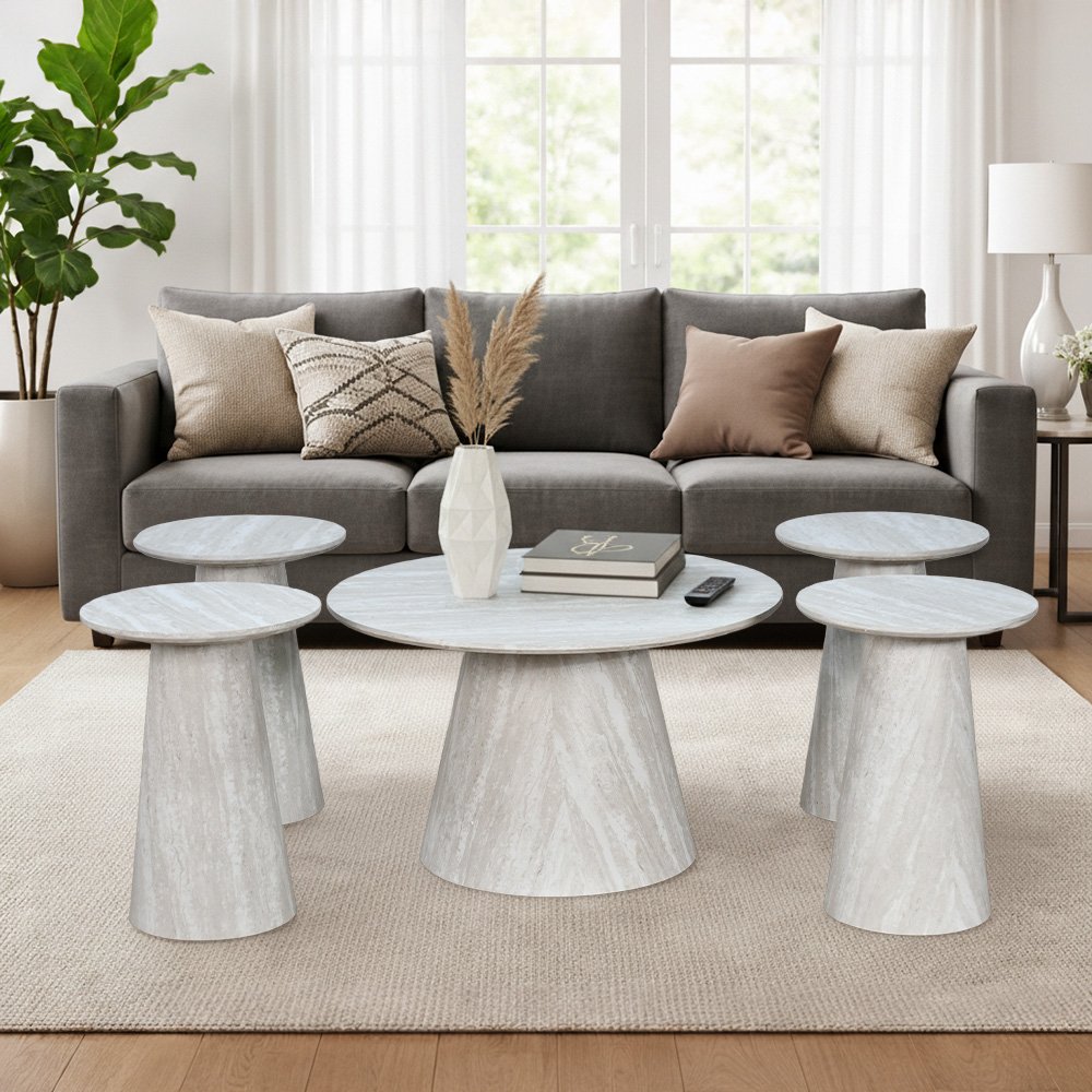 طقم طاولات خدمة 5 قطع خشبي رمادي