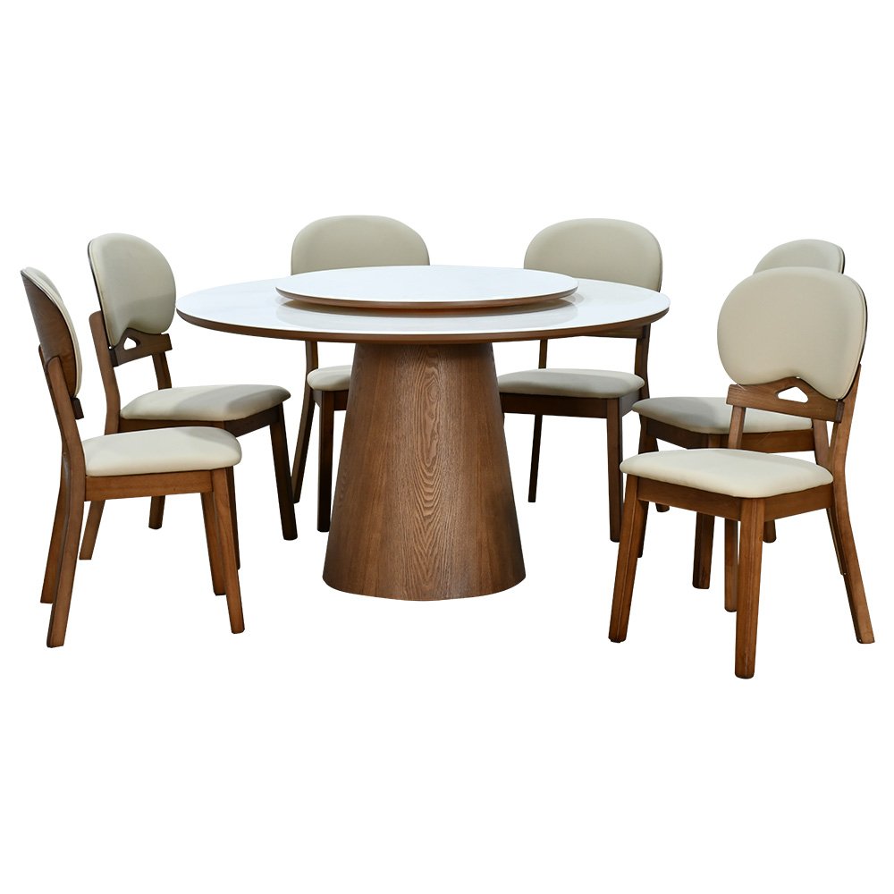 طاولة طعام فاخرة سطح دوار رخام صناعي 6 كراسي جلد