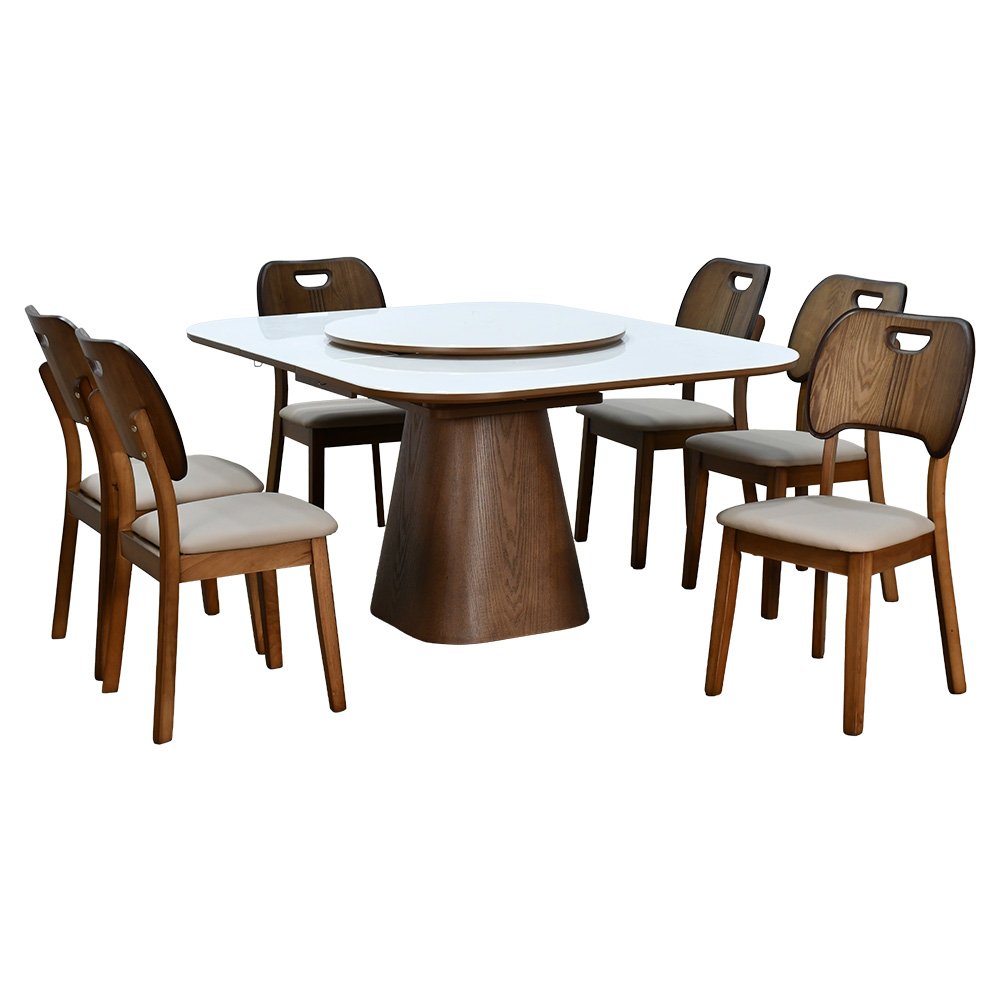 طاولة طعام رخام صناعي دوارة قابلة للتمدد 6 كراسي