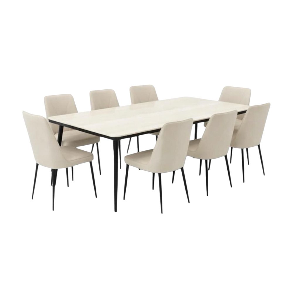 طاولة طعام رخام مودرن بأرجل معدنية 8 كراسي بيج