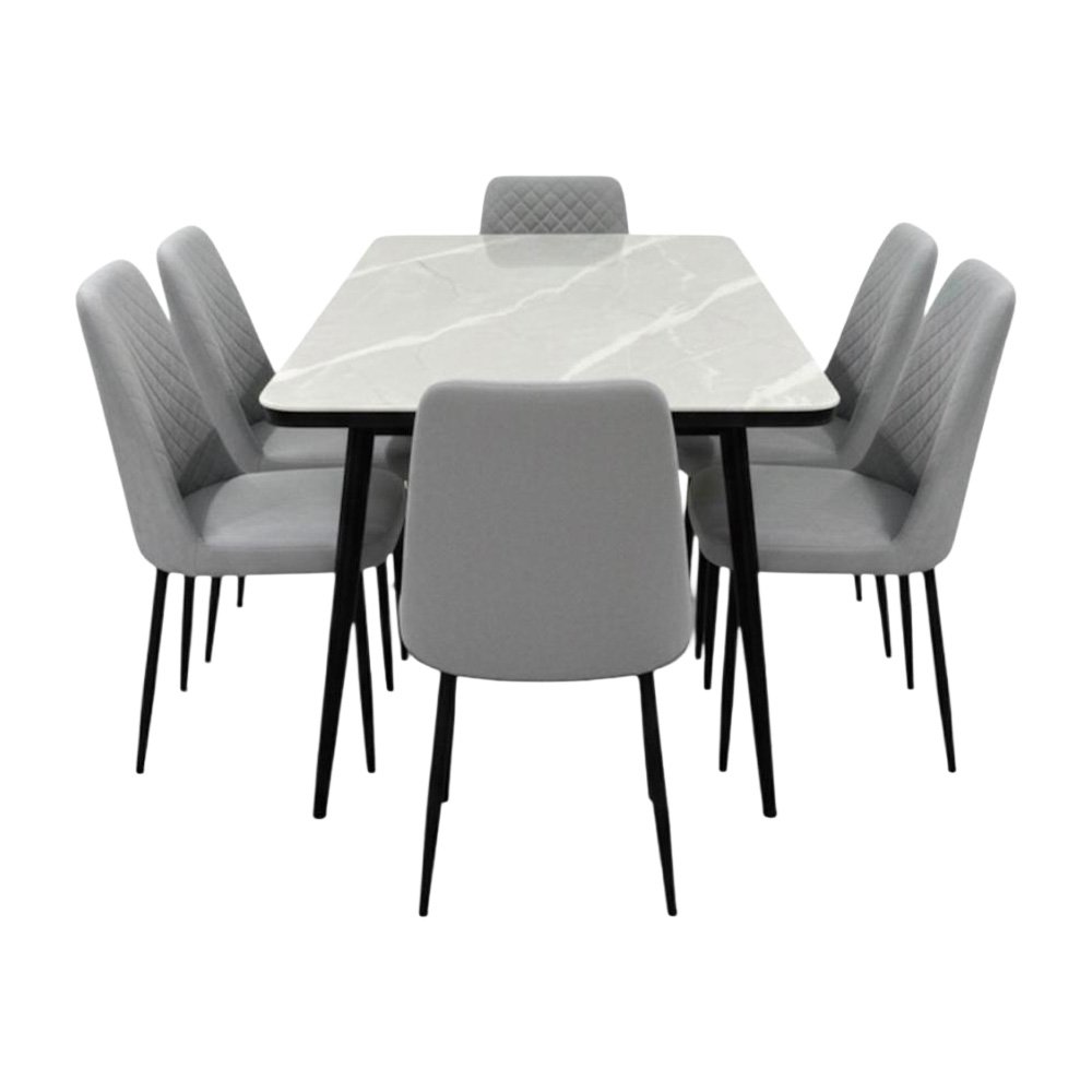 طاولة طعام رخام مودرن بأرجل معدنية 6 كراسي رمادي طاولة طعام رخام مودرن بأرجل معدنية 6 كراسي رمادي