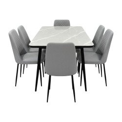 طاولة طعام رخام مودرن بأرجل معدنية 6 كراسي رمادي طاولة طعام رخام مودرن بأرجل معدنية 6 كراسي رمادي