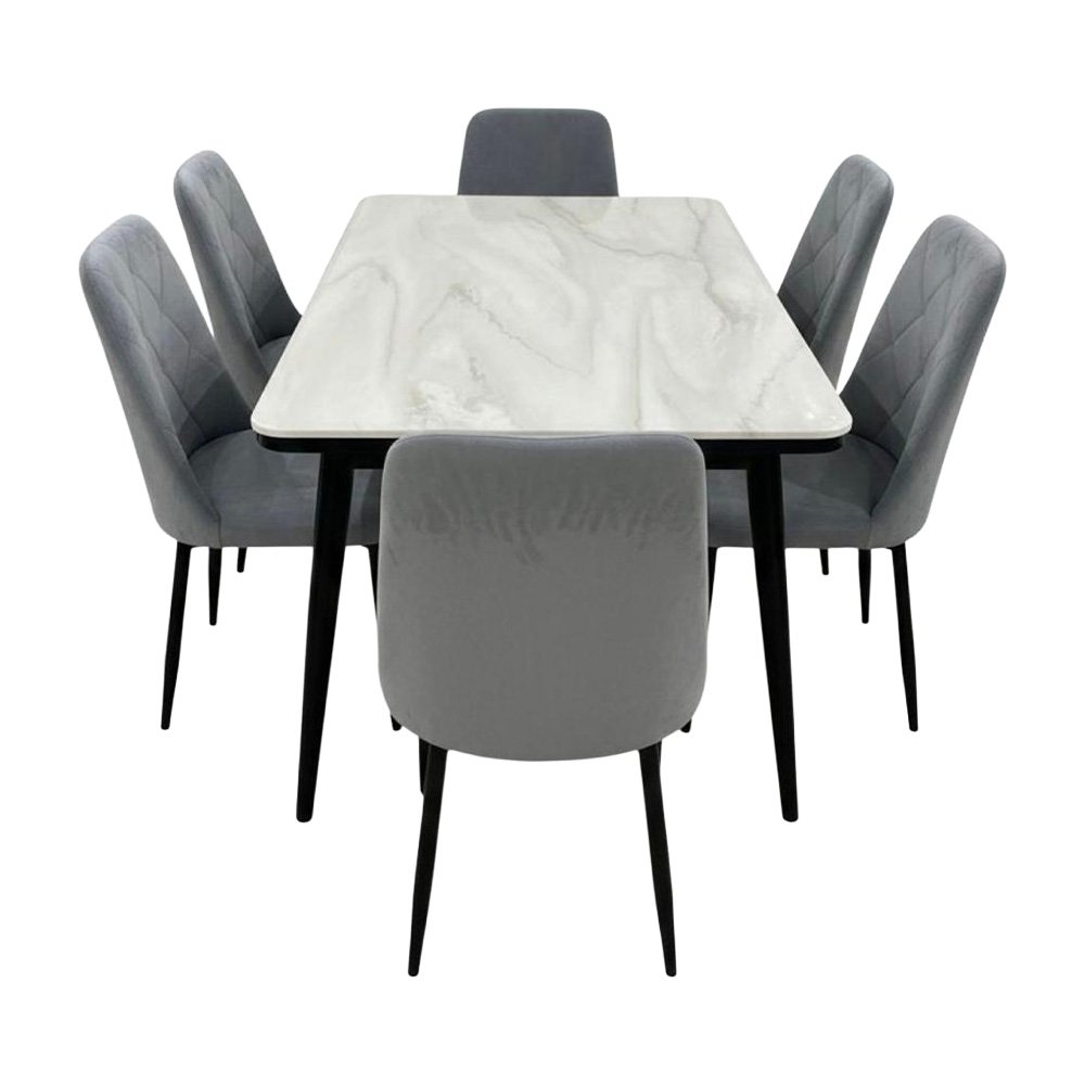 طاولة طعام رخام مودرن بأرجل معدنية 6 كراسي رمادي طاولة طعام رخام مودرن بأرجل معدنية 6 كراسي رمادي