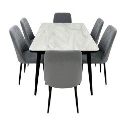 طاولة طعام رخام مودرن بأرجل معدنية 6 كراسي رمادي طاولة طعام رخام مودرن بأرجل معدنية 6 كراسي رمادي