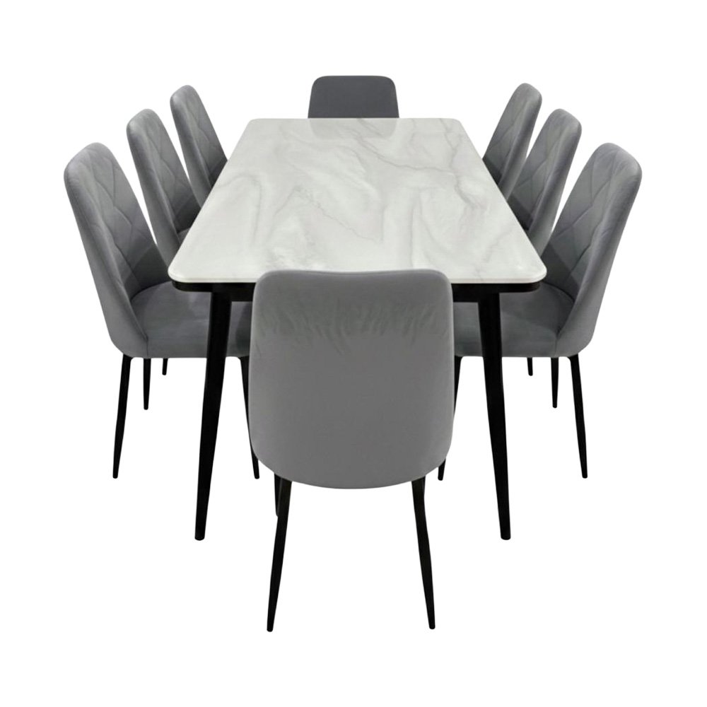 طاولة طعام رخام مودرن بأرجل معدنية 8 كراسي رمادي طاولة طعام رخام مودرن بأرجل معدنية 8 كراسي رمادي