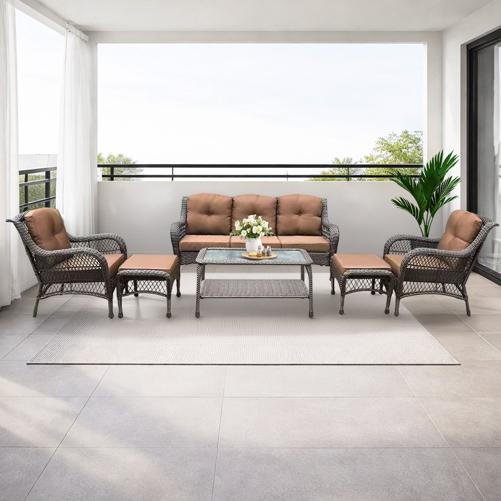 جلسة خارجية مودرن 6 مقاعد مع طاولات عملية بني