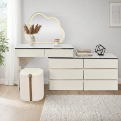 طاولة زينة بخزانة 6 أدراج سطح زجاجي مع مرآة مضيئة ومقعد