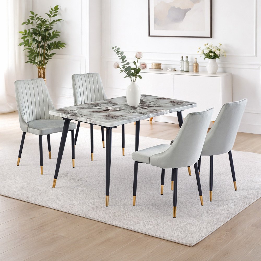 طاولة طعام رخام 4 كراسي بأرجل معدنية رمادي
