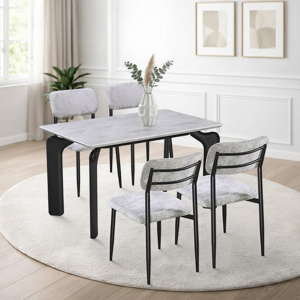 طاولة طعام رخام مودرن 4 كراسي بأرجل معدنية رمادي