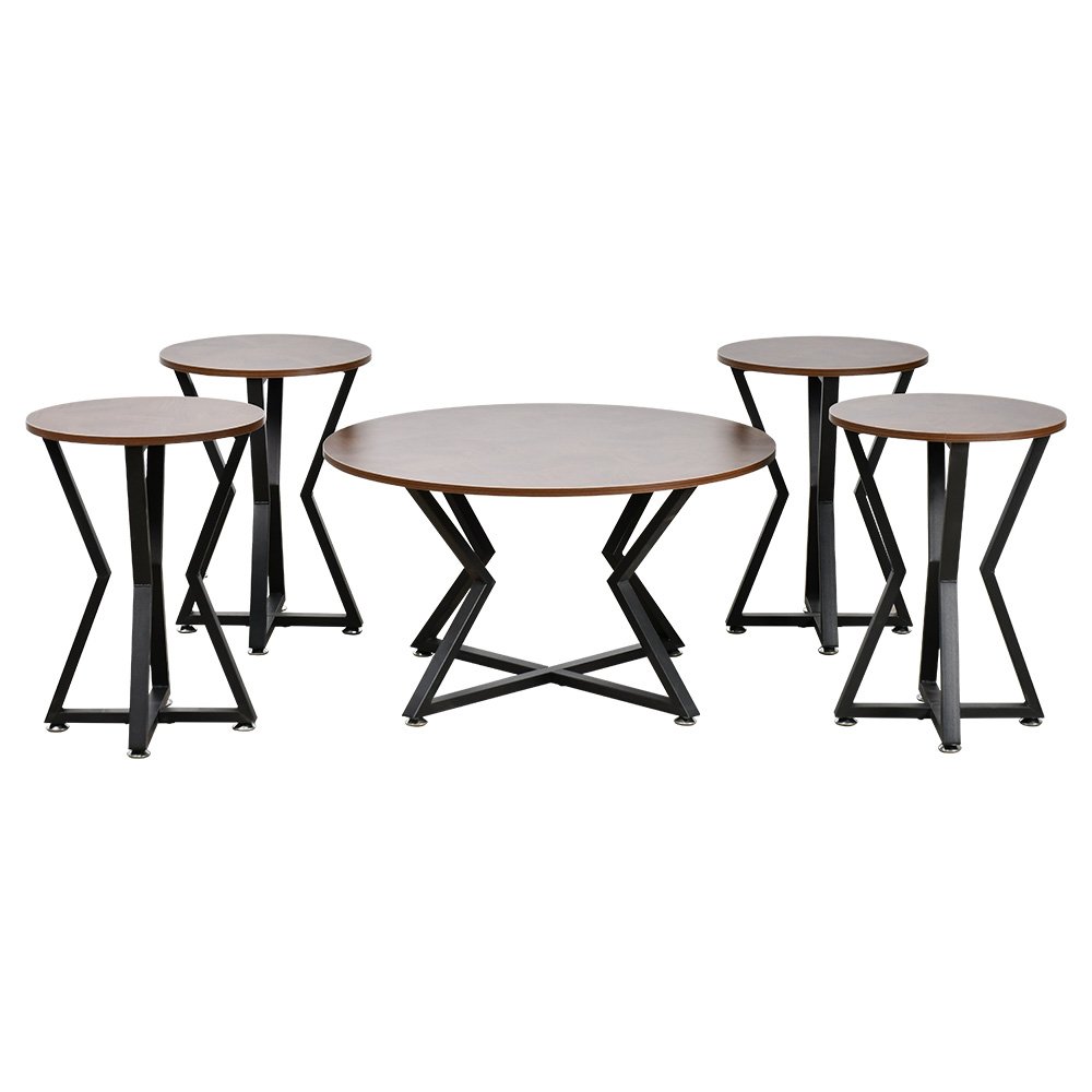 طقم طاولات خدمة 5 قطع خشب بقاعدة معدنية بني