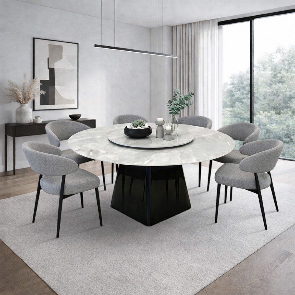 طاولة طعام فاخرة سطح سيراميك دوار 6 كراسي رمادي