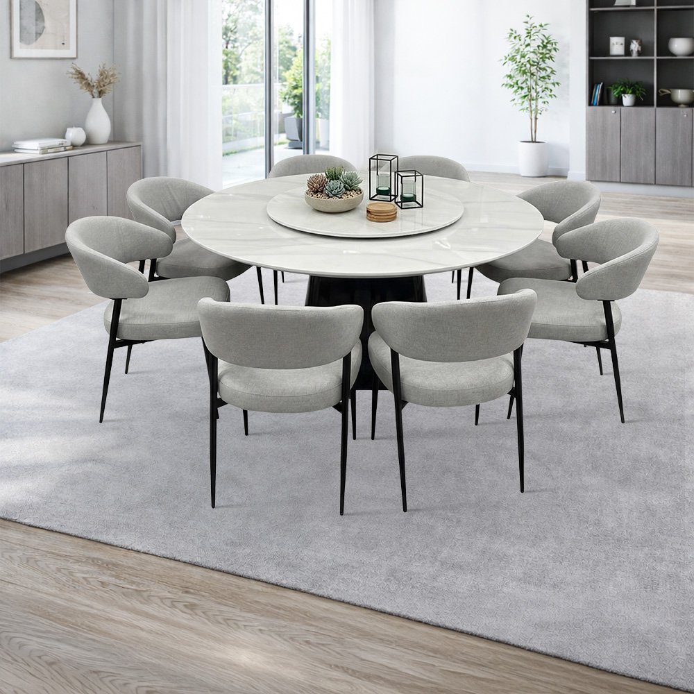 طاولة طعام فاخرة سطح سيراميك دوار 8 كراسي رمادي