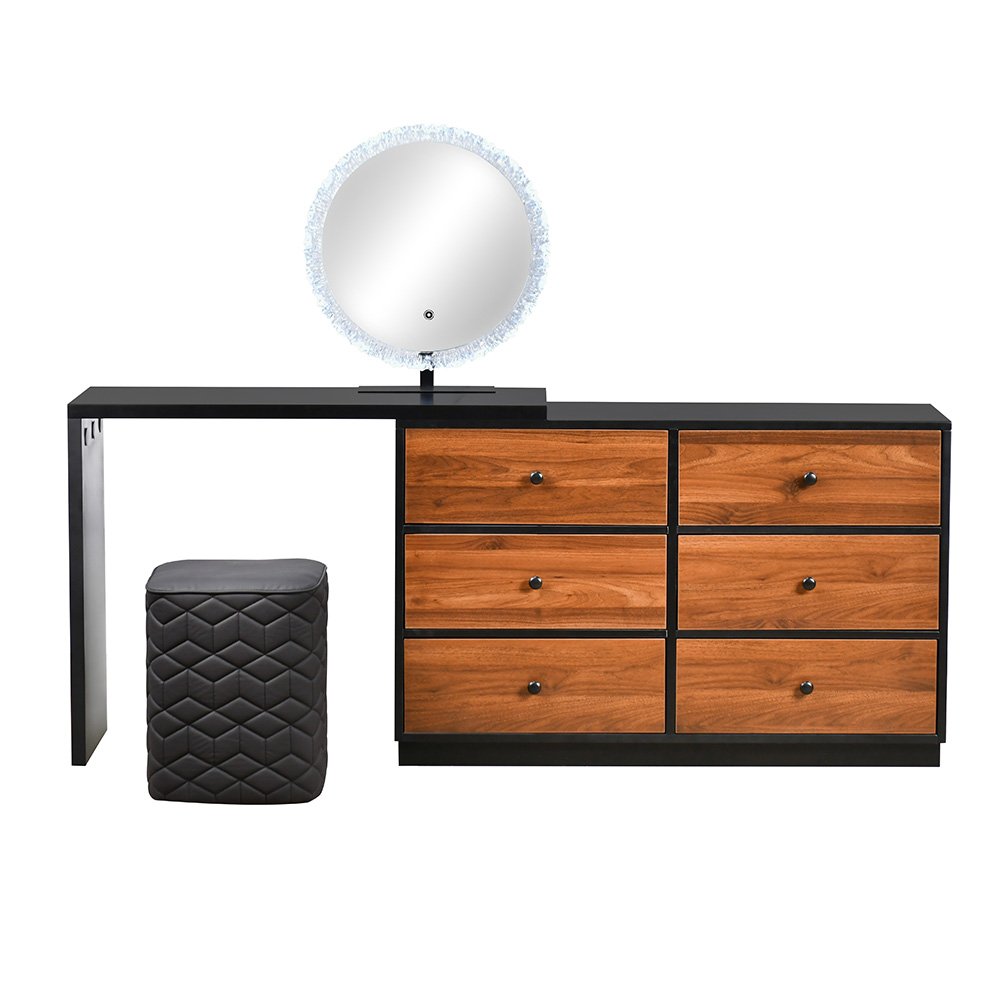 طاولة زينة مودرن 6 أدراج بمقابض بمرآة مع مقعد جلد