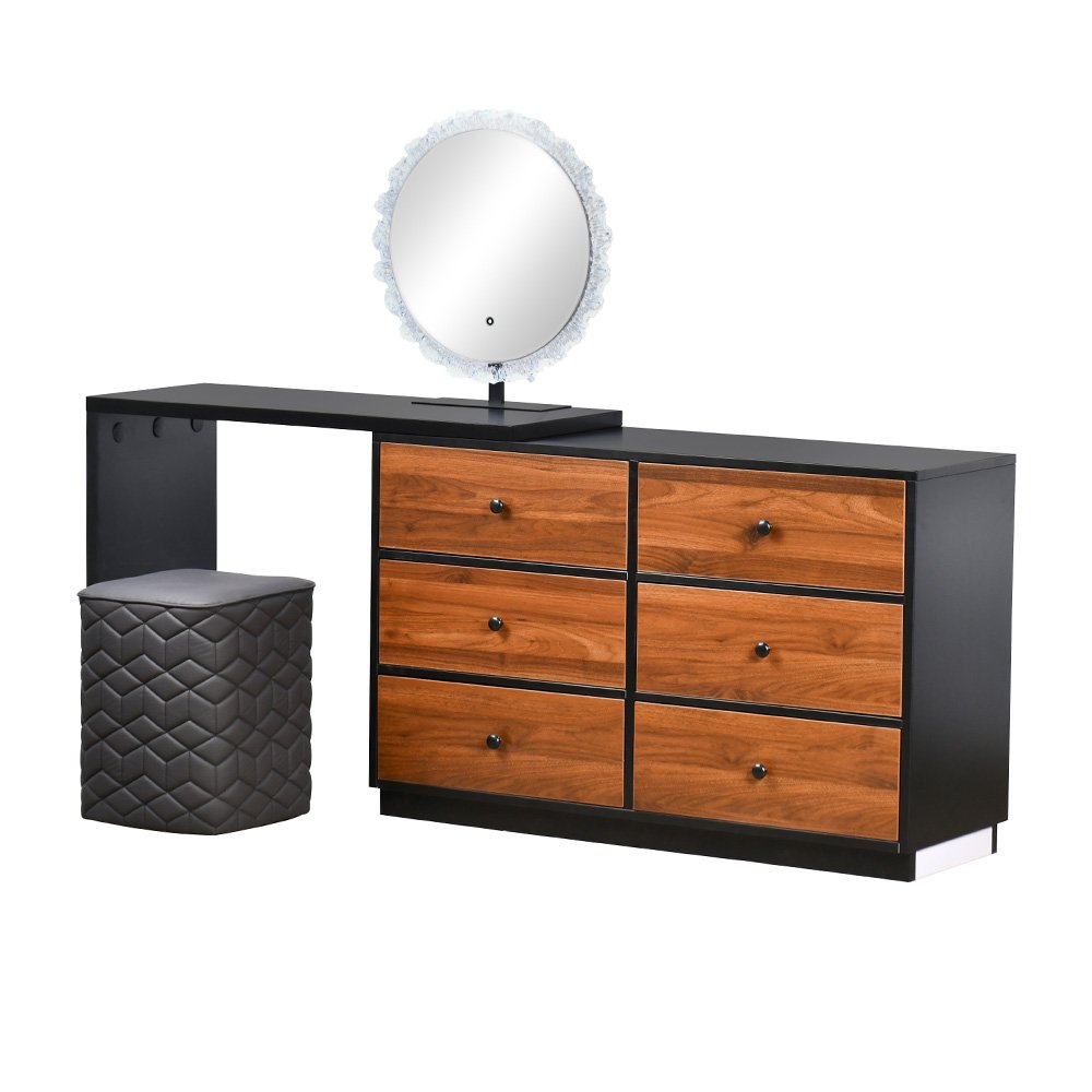 طاولة زينة مودرن 6 أدراج بمقابض بمرآة مع مقعد جلد