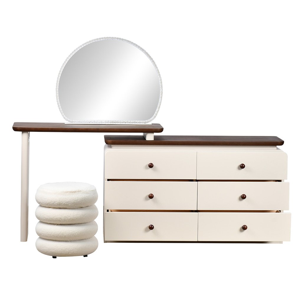 طاولة زينة مودرن خشبية 6 أدراج بمرآة مضيئة مع مقعد