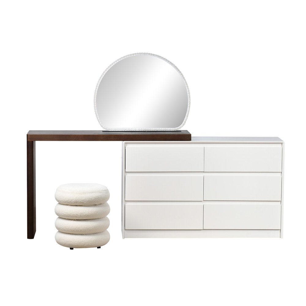 طاولة زينة مودرن خشبية 6 أدراج بمرآة مضيئة مع مقعد