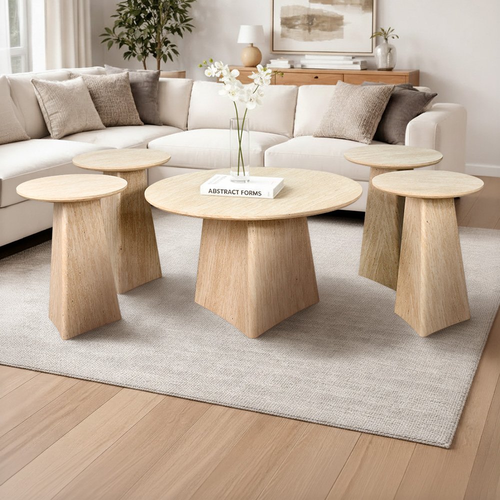 طقم طاولات خدمة مودرن 5 قطع خشب بيج