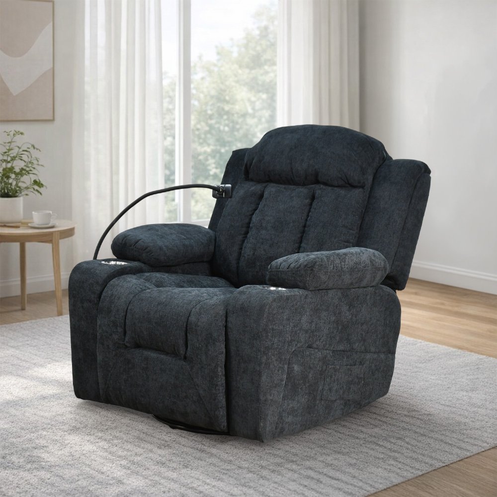 كرسي استرخاء فخم هزاز دوار بحامل جوال أسود