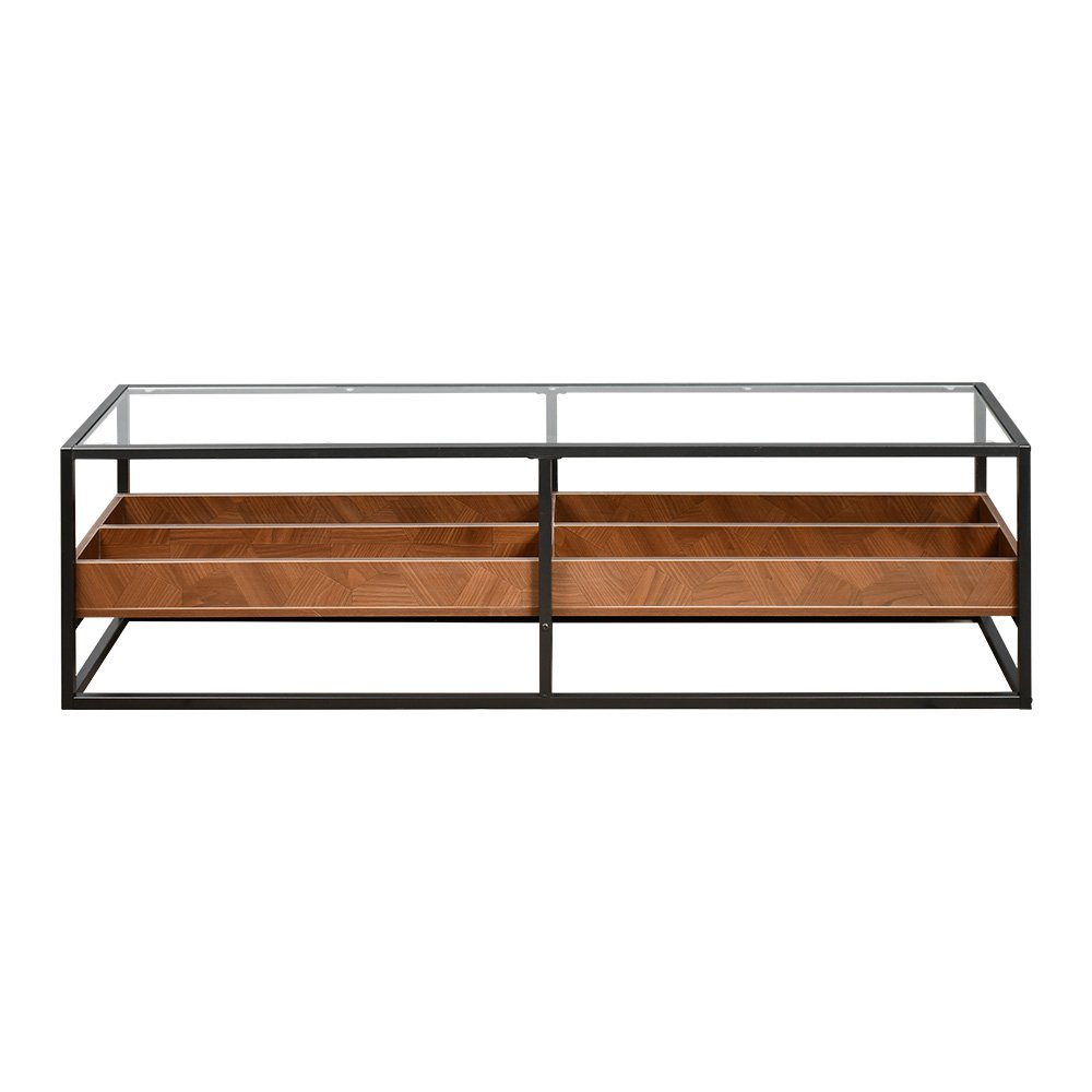 وحدة تلفاز سطح زجاجي ورف تخزين خشبي بني 160 سم