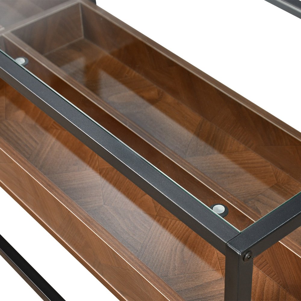 وحدة تلفاز سطح زجاجي ورف تخزين خشبي بني 160 سم