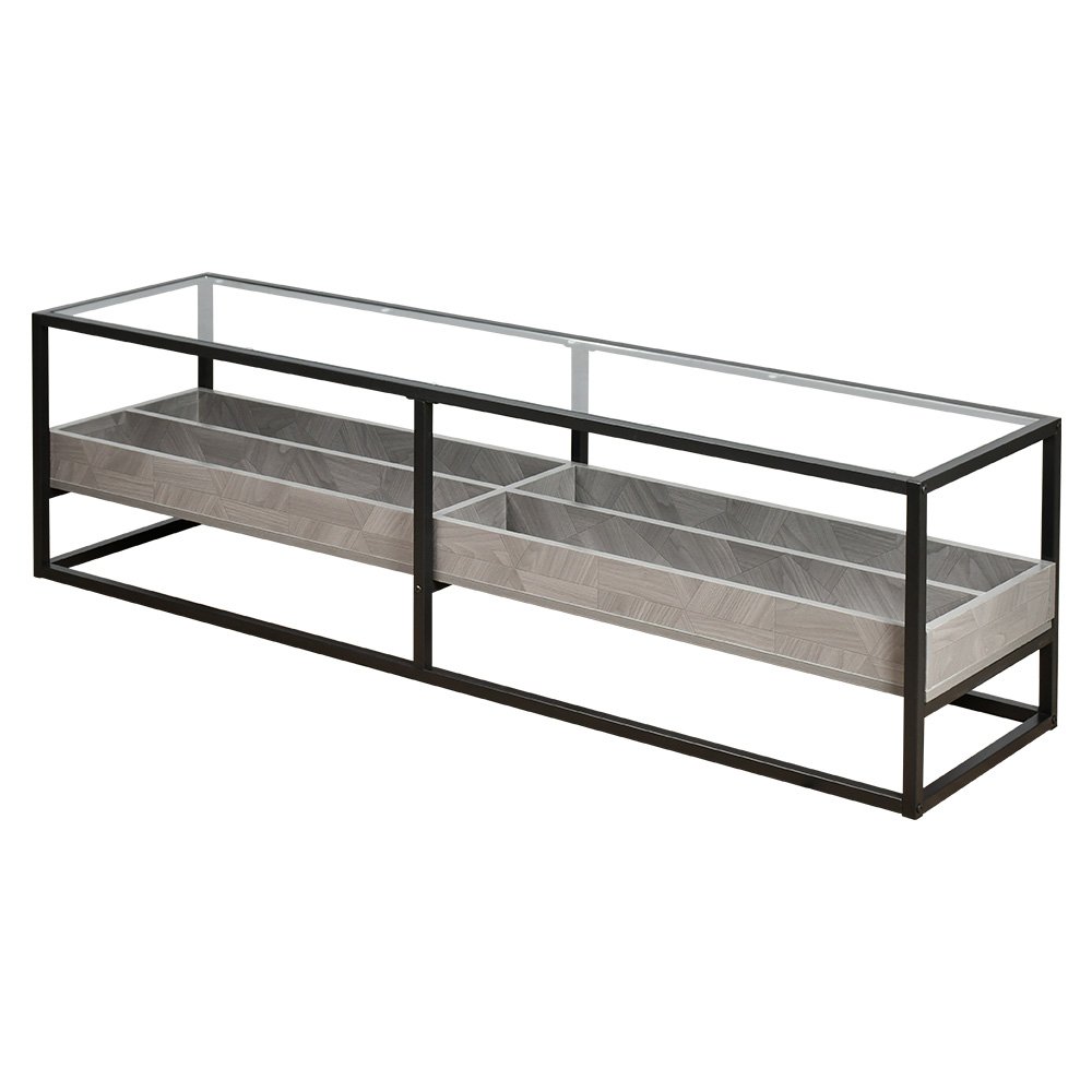 وحدة تلفاز سطح زجاجي ورف تخزين خشبي رمادي 160 سم